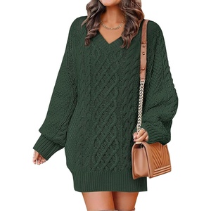 image:imageANRABESS Womens Long Sleeve V Neck Oversized Cable Knit Mini Sweater Dresses 2026 Winter Fall Trendy Pullover Tunic OutfitsDeep Green