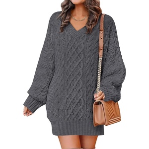 image:imageANRABESS Womens Long Sleeve V Neck Oversized Cable Knit Mini Sweater Dresses 2026 Winter Fall Trendy Pullover Tunic OutfitsDeep Grey