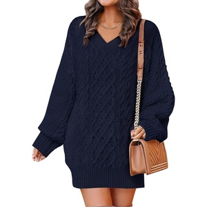 image:imageANRABESS Womens Long Sleeve V Neck Oversized Cable Knit Mini Sweater Dresses 2026 Winter Fall Trendy Pullover Tunic OutfitsNavy Blue