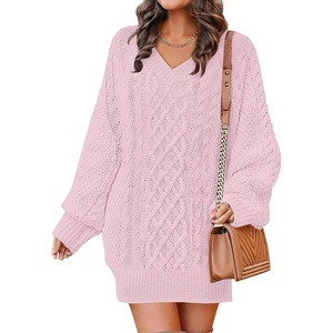 image:imageANRABESS Womens Long Sleeve V Neck Oversized Cable Knit Mini Sweater Dresses 2026 Winter Fall Trendy Pullover Tunic OutfitsPink