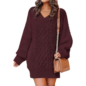 image:imageANRABESS Womens Long Sleeve V Neck Oversized Cable Knit Mini Sweater Dresses 2026 Winter Fall Trendy Pullover Tunic OutfitsWine Red