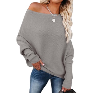 image:imageANRABESS Womens Off Shoulder Sweaters 2026 Fall Long Batwing Sleeve Loose Fit Knit Tops Casual Pullovers JumpersGray Apricot