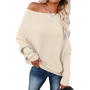 image:imageANRABESS Womens Off Shoulder Sweaters 2026 Fall Long Batwing Sleeve Loose Fit Knit Tops Casual Pullovers JumpersParchment