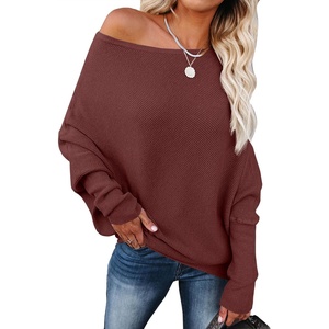 image:imageANRABESS Womens Off Shoulder Sweaters 2026 Fall Long Batwing Sleeve Loose Fit Knit Tops Casual Pullovers JumpersRust