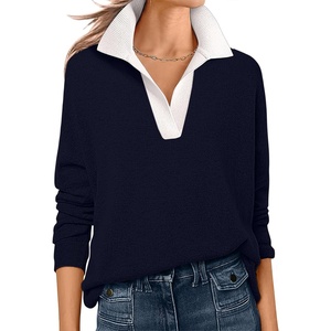 image:imageANRABESS Womens Polo V Neck Long Sleeve Sweaters Lightweight Dressy Casual Business Basic Knit Pullover Top 2026 Fall OutfitsNavy White
