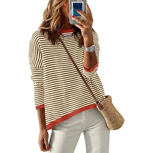 image:imageANRABESS Womens Striped Sweaters Long Sleeve Top Crewneck Color Block Casual Loose Knitted Pullover Shirts 2026 Fall OutfitsBrown White Orange