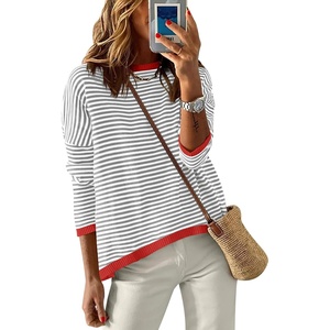 image:imageANRABESS Womens Striped Sweaters Long Sleeve Top Crewneck Color Block Casual Loose Knitted Pullover Shirts 2026 Fall OutfitsGrey White Orange