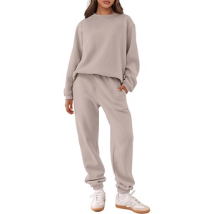image:imageANRABESS Womens Two Piece Outfits Sweatsuit Lounge Set Long Sleeve Crewneck Sweatshirt Jogger Pants Tracksuit 2026 Fall SetsLight Khaki