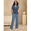 image:imageANRABESS Womens 2 Piece Outfits Crochet Knit Half Zip Sweater Top Wide Leg Pants Summer Lounge Matching Sets Travel ClothesGrey Blue