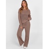 image:imageANRABESS Womens 2 Piece Outfits Crochet Sheer Knit Sweater Top Wide Leg Pants Lounge Set Sweatsuit 2026 Fall Travel ClothesBrown