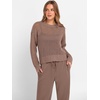 image:imageANRABESS Womens 2 Piece Outfits Crochet Sheer Knit Sweater Top Wide Leg Pants Lounge Set Sweatsuit 2026 Fall Travel ClothesBrown