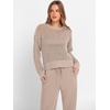 image:imageANRABESS Womens 2 Piece Outfits Crochet Sheer Knit Sweater Top Wide Leg Pants Lounge Set Sweatsuit 2026 Fall Travel ClothesLight Brown