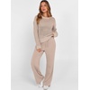 image:imageANRABESS Womens 2 Piece Outfits Crochet Sheer Knit Sweater Top Wide Leg Pants Lounge Set Sweatsuit 2026 Fall Travel ClothesLight Brown
