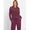 image:imageANRABESS Womens 2 Piece Outfits Crochet Sheer Knit Sweater Top Wide Leg Pants Lounge Set Sweatsuit 2026 Fall Travel ClothesWine Red