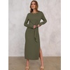 image:imageANRABESS Womens Long Sleeve Maxi Dress Tie Waist Slim with Side Slit Elegant for Work Casual Versatile Fall Winter DressArmy Green