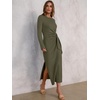 image:imageANRABESS Womens Long Sleeve Maxi Dress Tie Waist Slim with Side Slit Elegant for Work Casual Versatile Fall Winter DressArmy Green