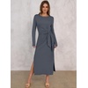 image:imageANRABESS Womens Long Sleeve Maxi Dress Tie Waist Slim with Side Slit Elegant for Work Casual Versatile Fall Winter DressDeep Gray