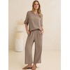 image:imageANRABESS Womens Summer 2 Piece Lounge Sets 34 Sleeve V Neck Top Wide Leg Palazzo Pants Set 2026 Beach Travel OutfitsLight Camel