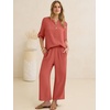 image:imageANRABESS Womens Summer 2 Piece Lounge Sets 34 Sleeve V Neck Top Wide Leg Palazzo Pants Set 2026 Beach Travel OutfitsOrange Red