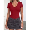 image:imageANRABESS Womens V Neck Short Sleeve Bodysuits  Slim Fit Body Suits Tops Soft Stretchy UPF 50 Fabric Spring Summer Autumn Outfits for Daily Going Out Work amp TravelRed