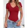 image:imageANRABESS Womens V Neck Short Sleeve Bodysuits  Slim Fit Body Suits Tops Soft Stretchy UPF 50 Fabric Spring Summer Autumn Outfits for Daily Going Out Work amp TravelRed