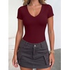 image:imageANRABESS Womens V Neck Short Sleeve Bodysuits  Slim Fit Body Suits Tops Soft Stretchy UPF 50 Fabric Spring Summer Autumn Outfits for Daily Going Out Work amp TravelWine Red