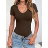 image:imageANRABESS Womens V Neck Short Sleeve Bodysuits  Slim Fit Body Suits Tops Soft Stretchy UPF 50 Fabric Spring Summer Autumn Outfits for Daily Going Out Work amp TravelCoffee