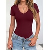 image:imageANRABESS Womens V Neck Short Sleeve Bodysuits  Slim Fit Body Suits Tops Soft Stretchy UPF 50 Fabric Spring Summer Autumn Outfits for Daily Going Out Work amp TravelWine Red