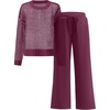 image:imageANRABESS Womens 2 Piece Outfits Crochet Sheer Knit Sweater Top Wide Leg Pants Lounge Set Sweatsuit 2026 Fall Travel ClothesWine Red