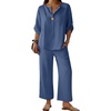 image:imageANRABESS Womens Summer 2 Piece Lounge Sets 34 Sleeve V Neck Top Wide Leg Palazzo Pants Set 2026 Beach Travel OutfitsDeep Blue