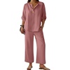 image:imageANRABESS Womens Summer 2 Piece Lounge Sets 34 Sleeve V Neck Top Wide Leg Palazzo Pants Set 2026 Beach Travel OutfitsDusty Rose