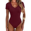 image:imageANRABESS Womens V Neck Short Sleeve Bodysuits  Slim Fit Body Suits Tops Soft Stretchy UPF 50 Fabric Spring Summer Autumn Outfits for Daily Going Out Work amp TravelWine Red