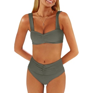 image:imageANRABESS Bathing Suit for Women Tummy Control Bikini Set 2026 Beach Front Ruched Mid Waist Swimsuit with Adjustable StrapsArmy Green