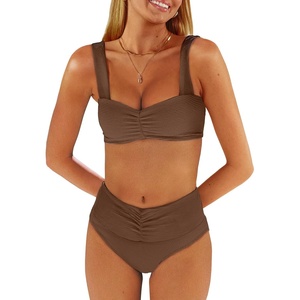 image:imageANRABESS Bathing Suit for Women Tummy Control Bikini Set 2026 Beach Front Ruched Mid Waist Swimsuit with Adjustable StrapsBrown