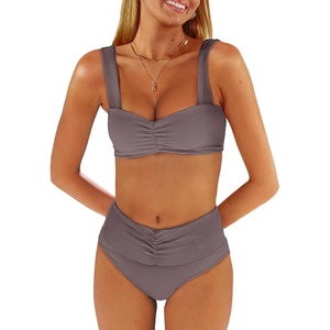 image:imageANRABESS Bathing Suit for Women Tummy Control Bikini Set 2026 Beach Front Ruched Mid Waist Swimsuit with Adjustable StrapsCoffee