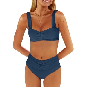 image:imageANRABESS Bathing Suit for Women Tummy Control Bikini Set 2026 Beach Front Ruched Mid Waist Swimsuit with Adjustable StrapsDark Blue