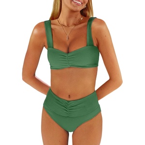 image:imageANRABESS Bathing Suit for Women Tummy Control Bikini Set 2026 Beach Front Ruched Mid Waist Swimsuit with Adjustable StrapsGreen