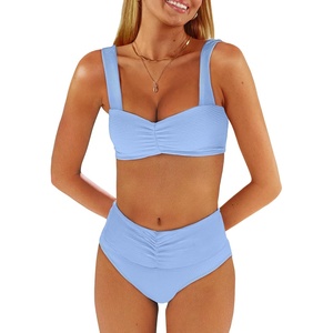 image:imageANRABESS Bathing Suit for Women Tummy Control Bikini Set 2026 Beach Front Ruched Mid Waist Swimsuit with Adjustable StrapsLight Blue