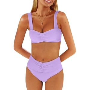 image:imageANRABESS Bathing Suit for Women Tummy Control Bikini Set 2026 Beach Front Ruched Mid Waist Swimsuit with Adjustable StrapsLight Purple