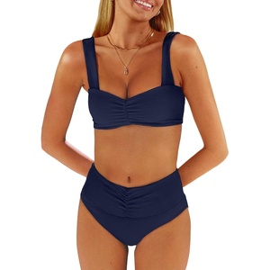 image:imageANRABESS Bathing Suit for Women Tummy Control Bikini Set 2026 Beach Front Ruched Mid Waist Swimsuit with Adjustable StrapsNavy Blue