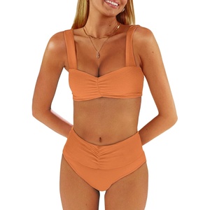 image:imageANRABESS Bathing Suit for Women Tummy Control Bikini Set 2026 Beach Front Ruched Mid Waist Swimsuit with Adjustable StrapsOrange