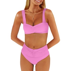 image:imageANRABESS Bathing Suit for Women Tummy Control Bikini Set 2026 Beach Front Ruched Mid Waist Swimsuit with Adjustable StrapsPink