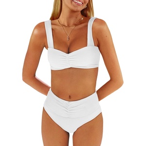 image:imageANRABESS Bathing Suit for Women Tummy Control Bikini Set 2026 Beach Front Ruched Mid Waist Swimsuit with Adjustable StrapsWhite