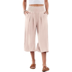 image:imageANRABESS Capri Pants for Women Smocked High Waisted Wide Leg Loose Flowy Cropped Palazzo Trousers Summer Casual Lounge BeachParchment