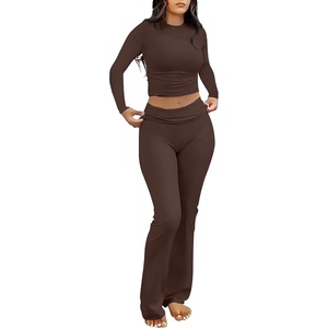 image:imageANRABESS Women 2 Piece Lounge SetCrop Top amp Fold Over Flare Pants Soft Stretch Fabric Matching Outfit for Yoga Casual WearCoffee