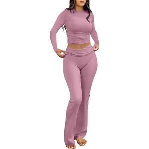 image:imageANRABESS Women 2 Piece Lounge SetCrop Top amp Fold Over Flare Pants Soft Stretch Fabric Matching Outfit for Yoga Casual WearPink