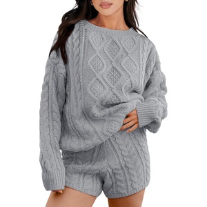 image:imageANRABESS Women 2 Piece Outfits Sweater Lounge Loungewear Sets 2026 Winter Cable Knit Oversized Sweaters Shorts Matching SetsSilver Grey