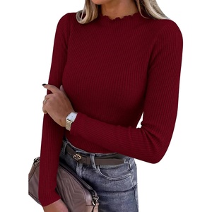 image:imageANRABESS Women Lettuce Trim Mock Neck Long Sleeve Ribbed Top  Knit Slim Fit Shirts Soft Lightweight Basic Tees Work Going Out Layering Tshirts Casual Fall Winter Clothes for Daily WearRed