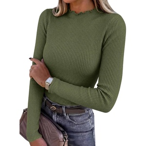 image:imageANRABESS Women Lettuce Trim Mock Neck Long Sleeve Ribbed Top  Knit Slim Fit Shirts Soft Lightweight Basic Tees Work Going Out Layering Tshirts Casual Fall Winter Clothes for Daily WearArmy Green