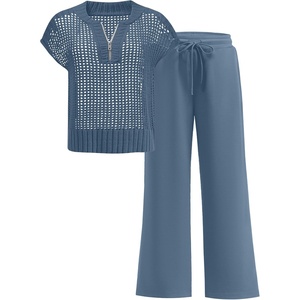 image:imageANRABESS Womens 2 Piece Outfits Crochet Knit Half Zip Sweater Top Wide Leg Pants Summer Lounge Matching Sets Travel ClothesGrey Blue